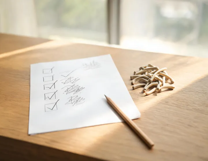 Temple Tips Sourcing desk checklist beside unlabeled temple tips
