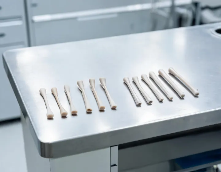 Unlabeled temple tips arranged on an optical workbench