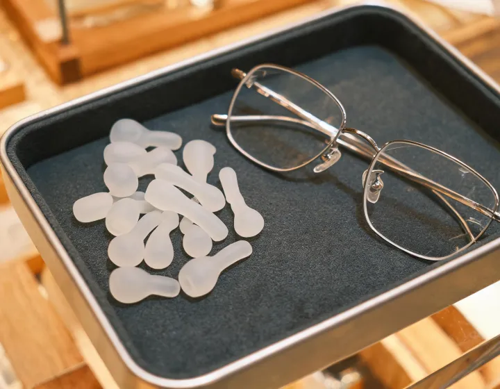 Silicone temple tips for glasses beside a frame on a repair tray